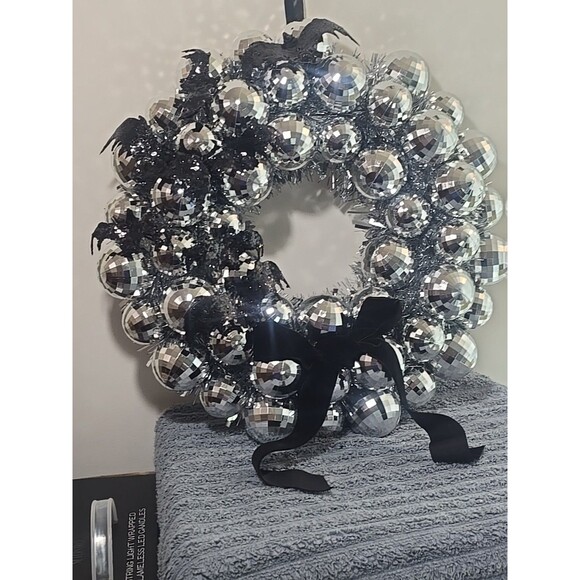 Disco Ball and Bats Wreath, Silver and Black, 17", Halloween by Way To Celebrate - Picture 1 of 15